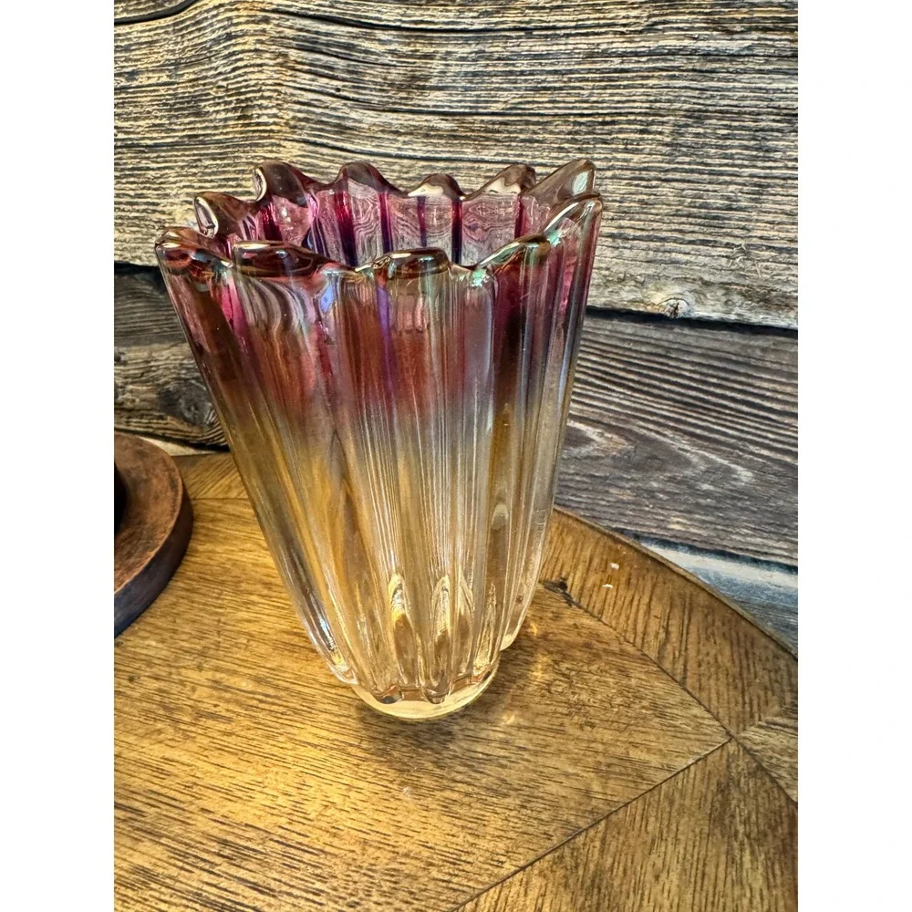 Federal glass Vintage Cranberry Amber Ombre Art Glass Vase‎ Ribbed Ruffle Rim